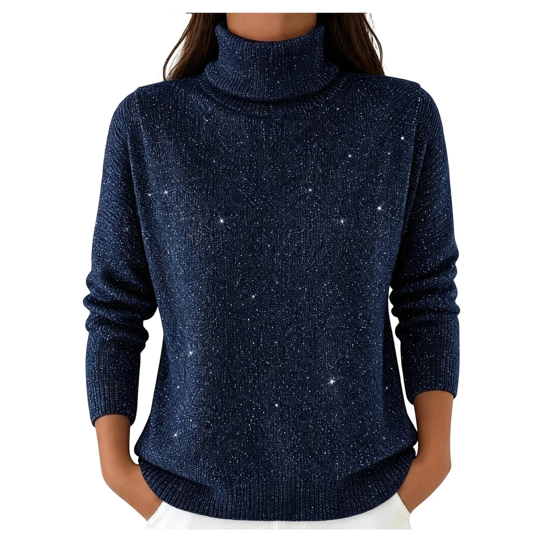 Woman wearing navy sparkle knit turtleneck sweater