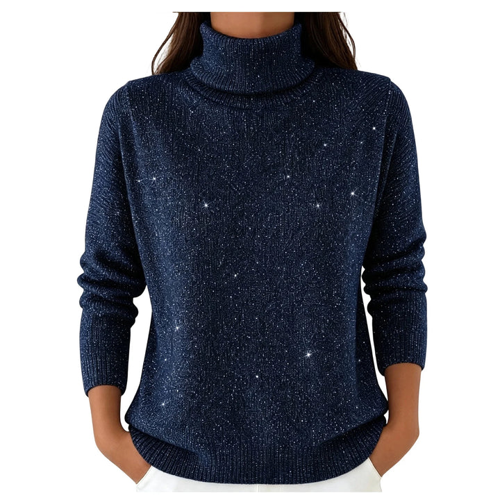 Woman wearing navy sparkle knit turtleneck sweater