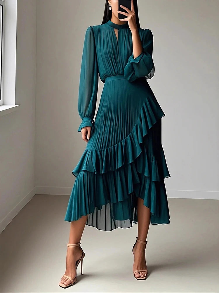 Amelie Pleated Ruffle Midi Dress