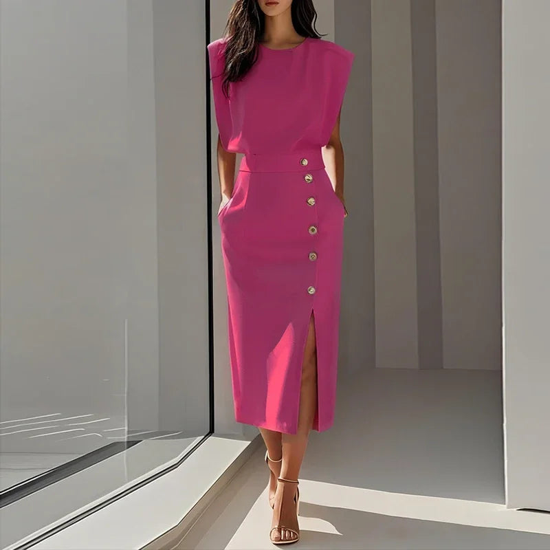 Paige Elegant Button Split Midi Dress