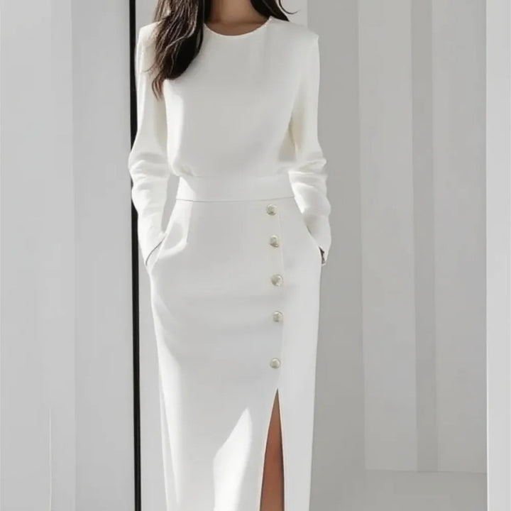 White long sleeve midi dress with button front detail and side slit, front view