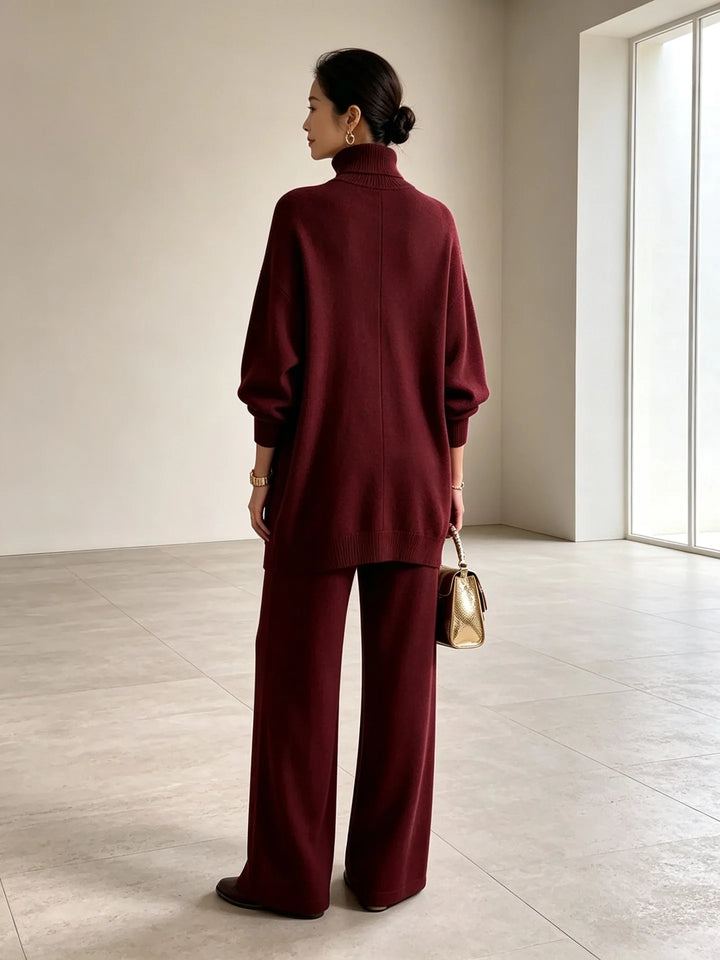 Wine red sweater and wide leg pants set, back view