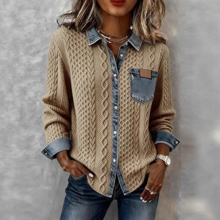 Woman wearing camel cable knit cardigan shirt jacket with denim-look collar and pocket