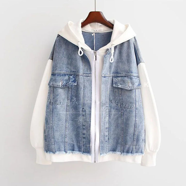 White hooded denim jacket, front view