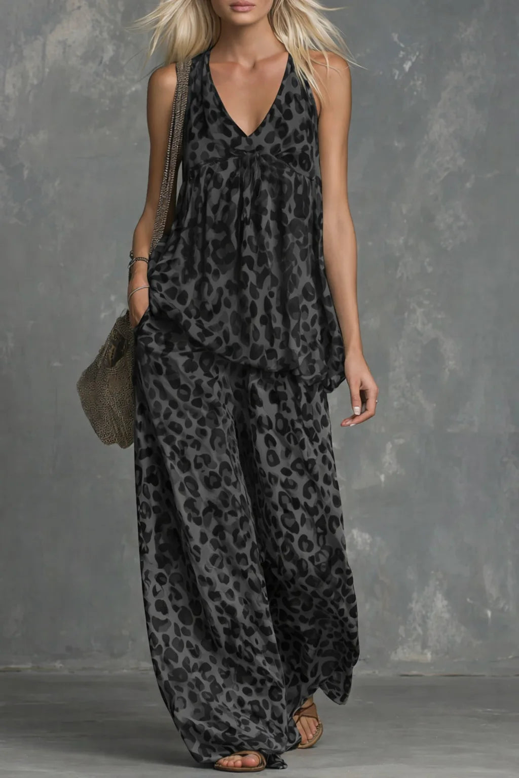 Zelira V-Neck Leopard Matching Set