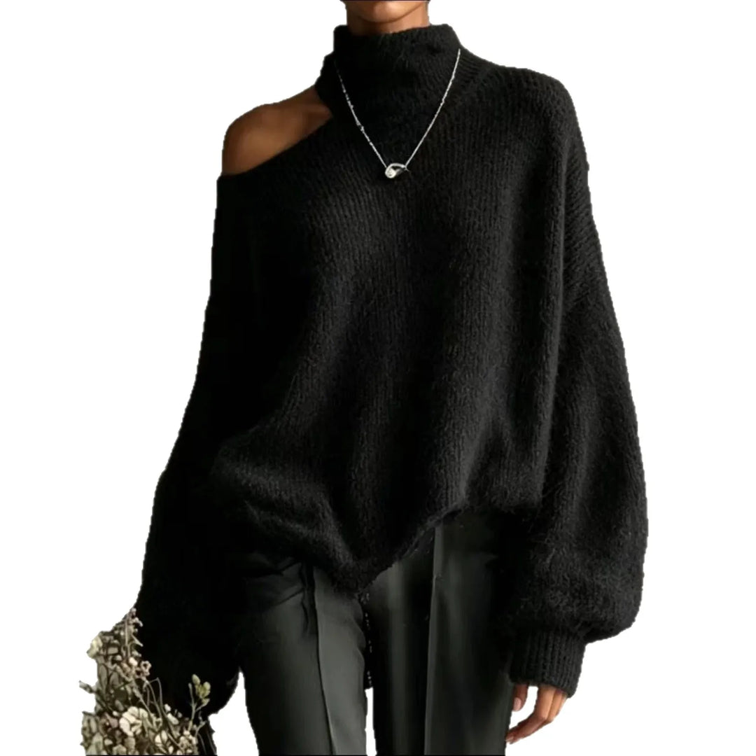 Woman wearing black cutout shoulder turtleneck sweater on white background
