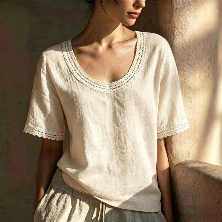 Valeria Lace Trim Linen Blouse