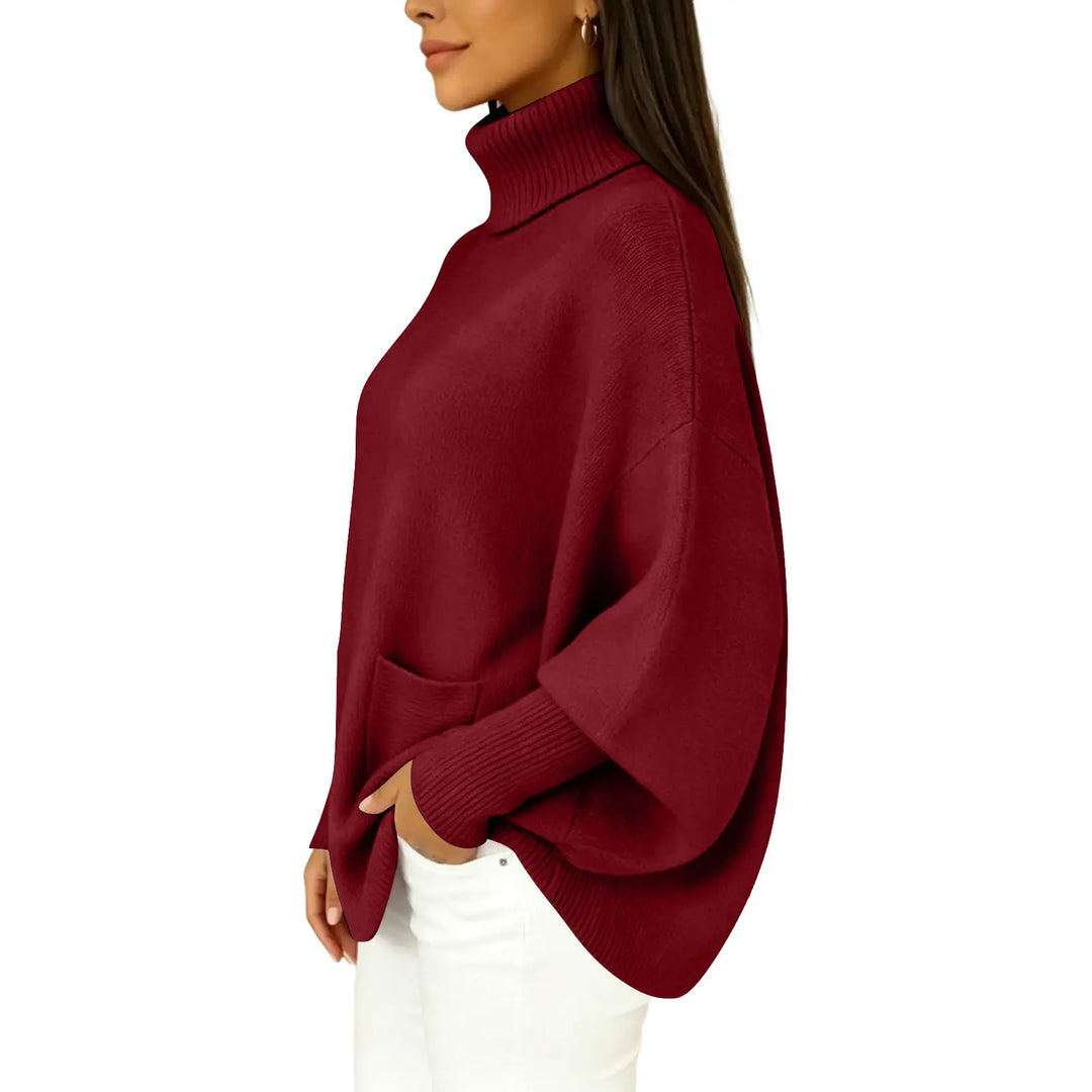 Side profile of woman wearing wine turtleneck sweater