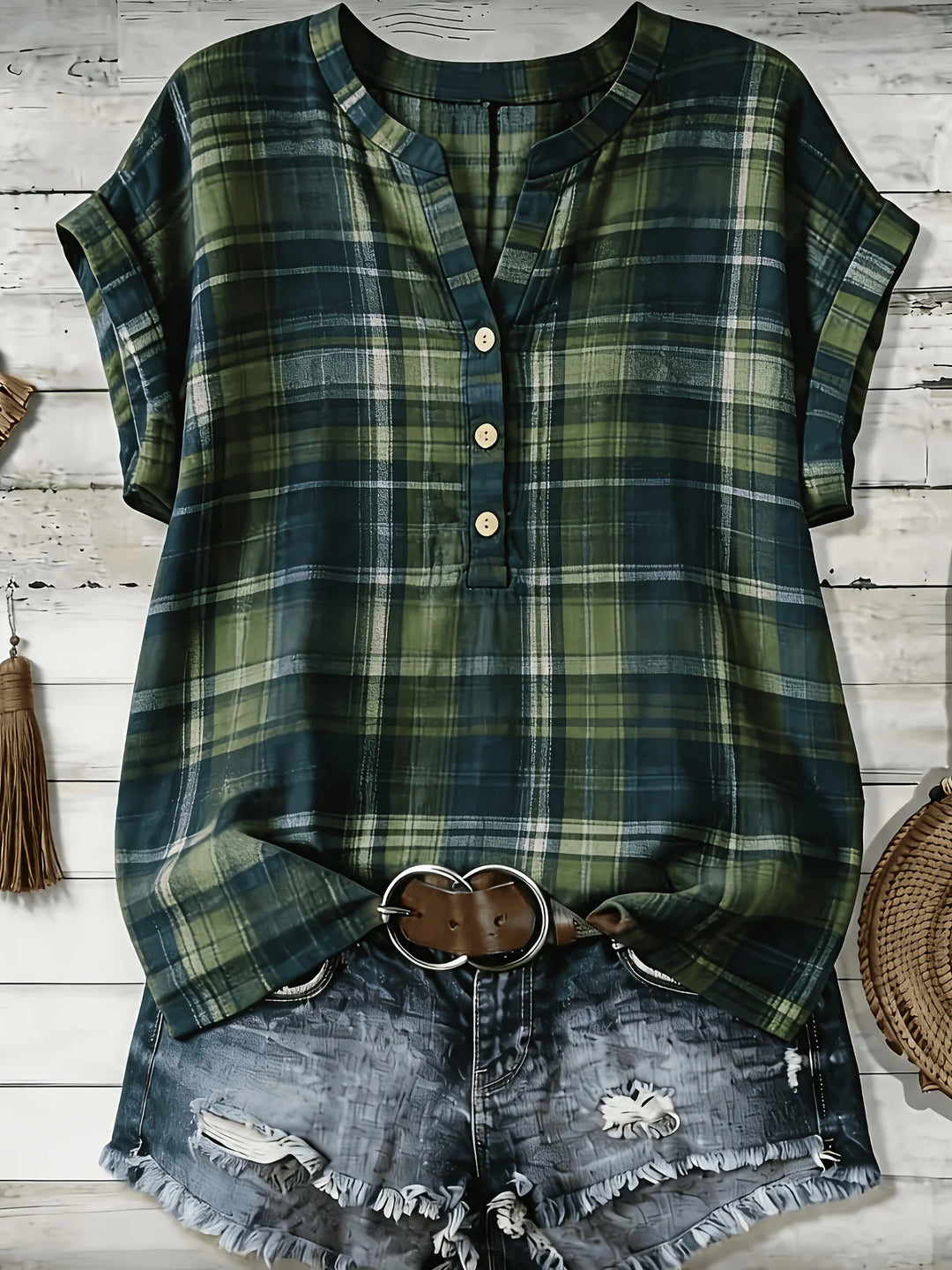 Daphne Plaid V Neck Loose Fit Blouse