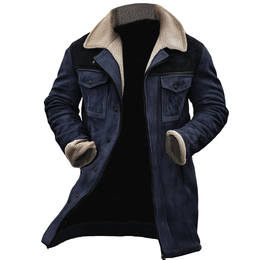 Navy shearling collar trucker coat, front view