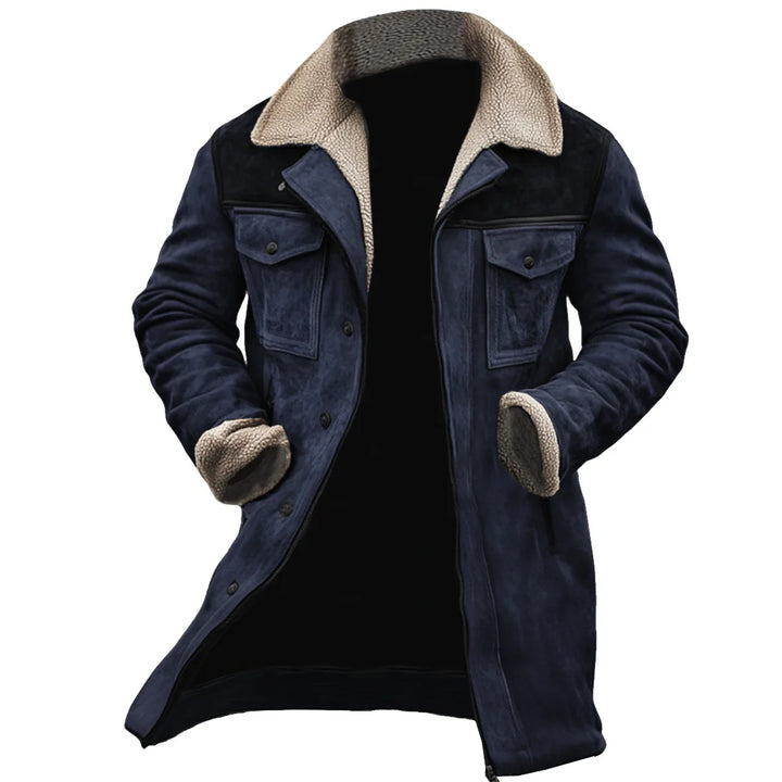 Navy shearling collar trucker coat, front view