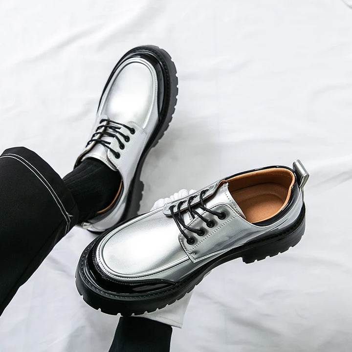 Silver metallic Oxford shoes overhead view