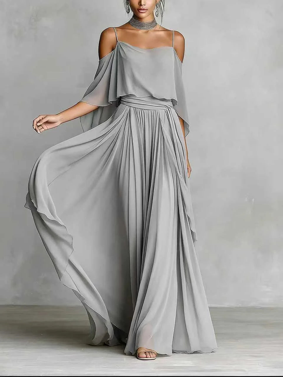Evangeline Off Shoulder Chiffon Wedding Guest Maxi Dress