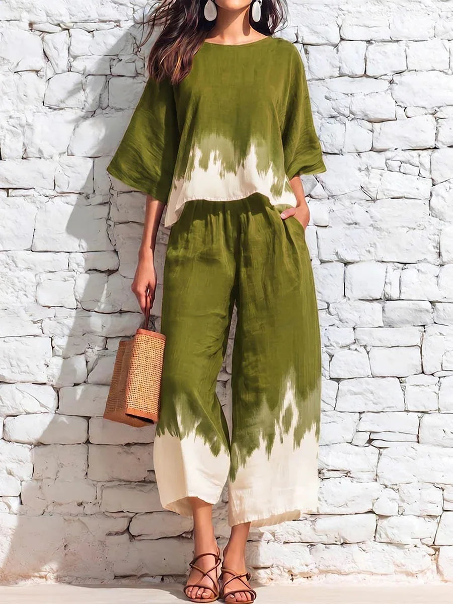 Camila Printed Blouse Casual Pants Set