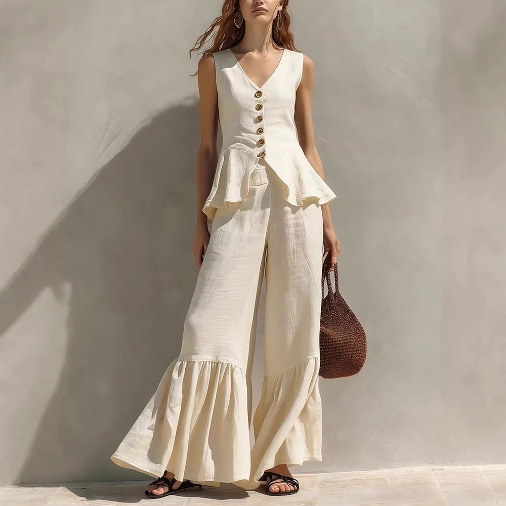 Eleanor Sleeveless Ruffle Trim Wide Leg Pants Set