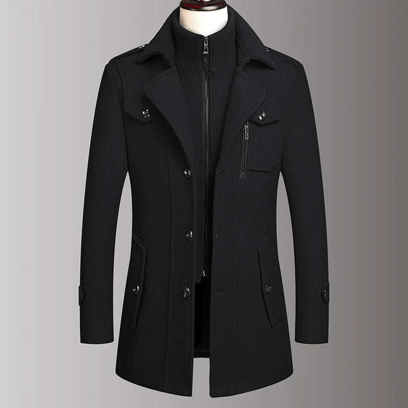Black wool coat with double collar on mannequin, front view