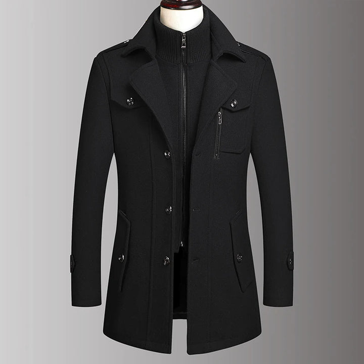 Black wool coat with double collar on mannequin, front view