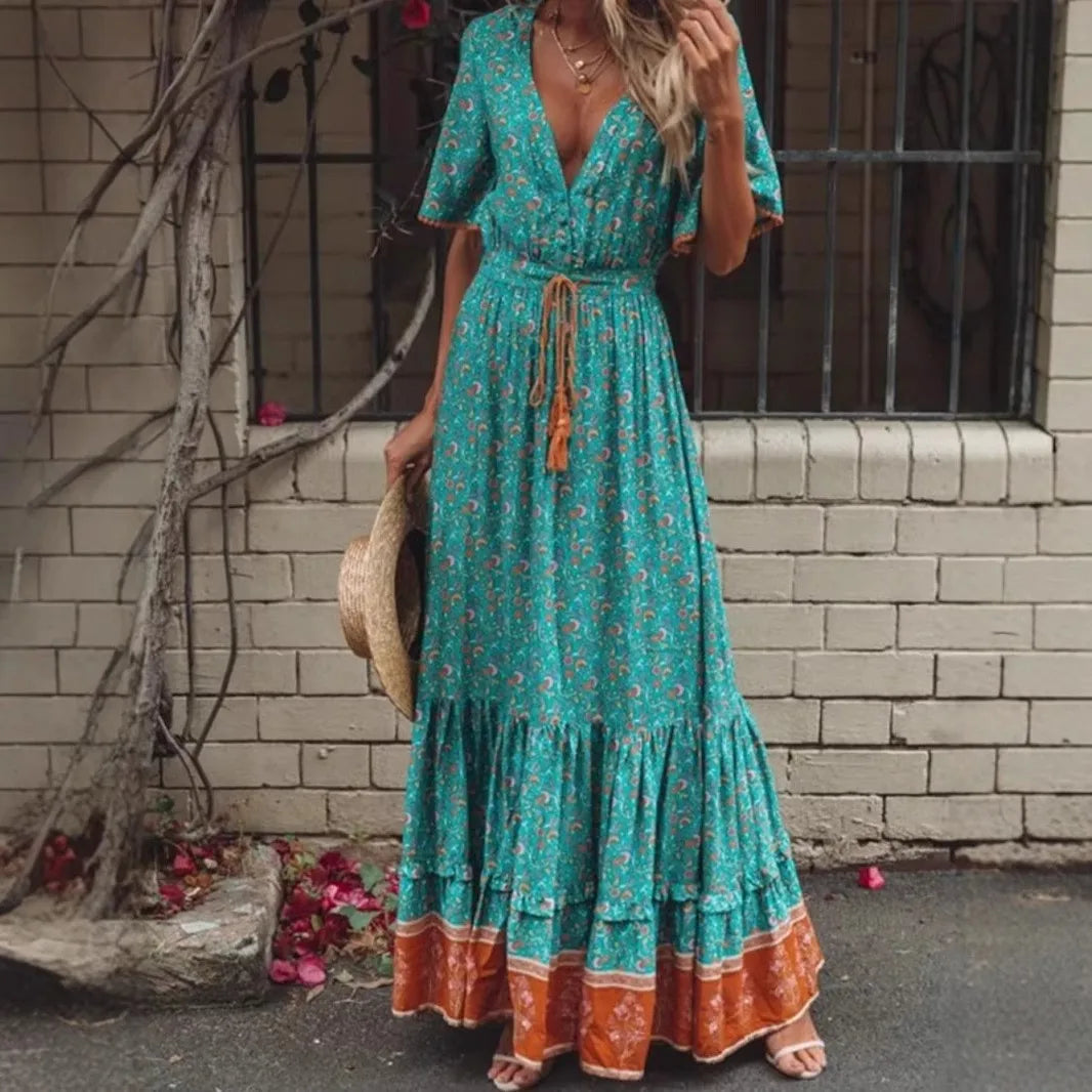 Josephine Drawstring Bohemian Maxi Dress