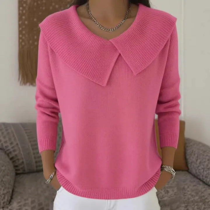 Pink sweater with oversized draped collar, front view