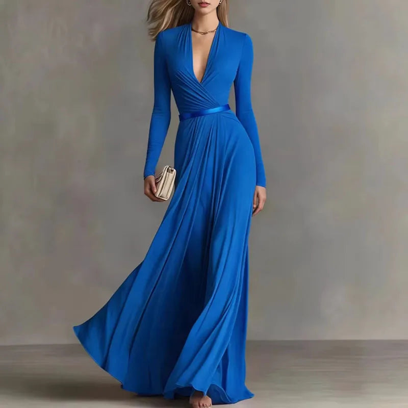 Blue deep V-neck maxi dress with satin belt, front view