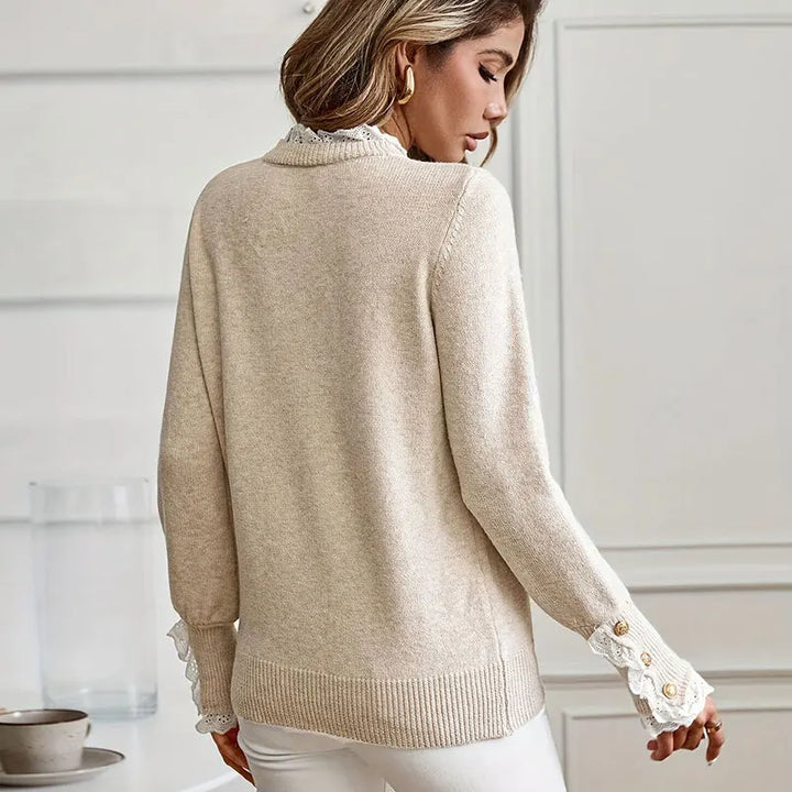 Back view of beige lace-trim knit pullover sweater