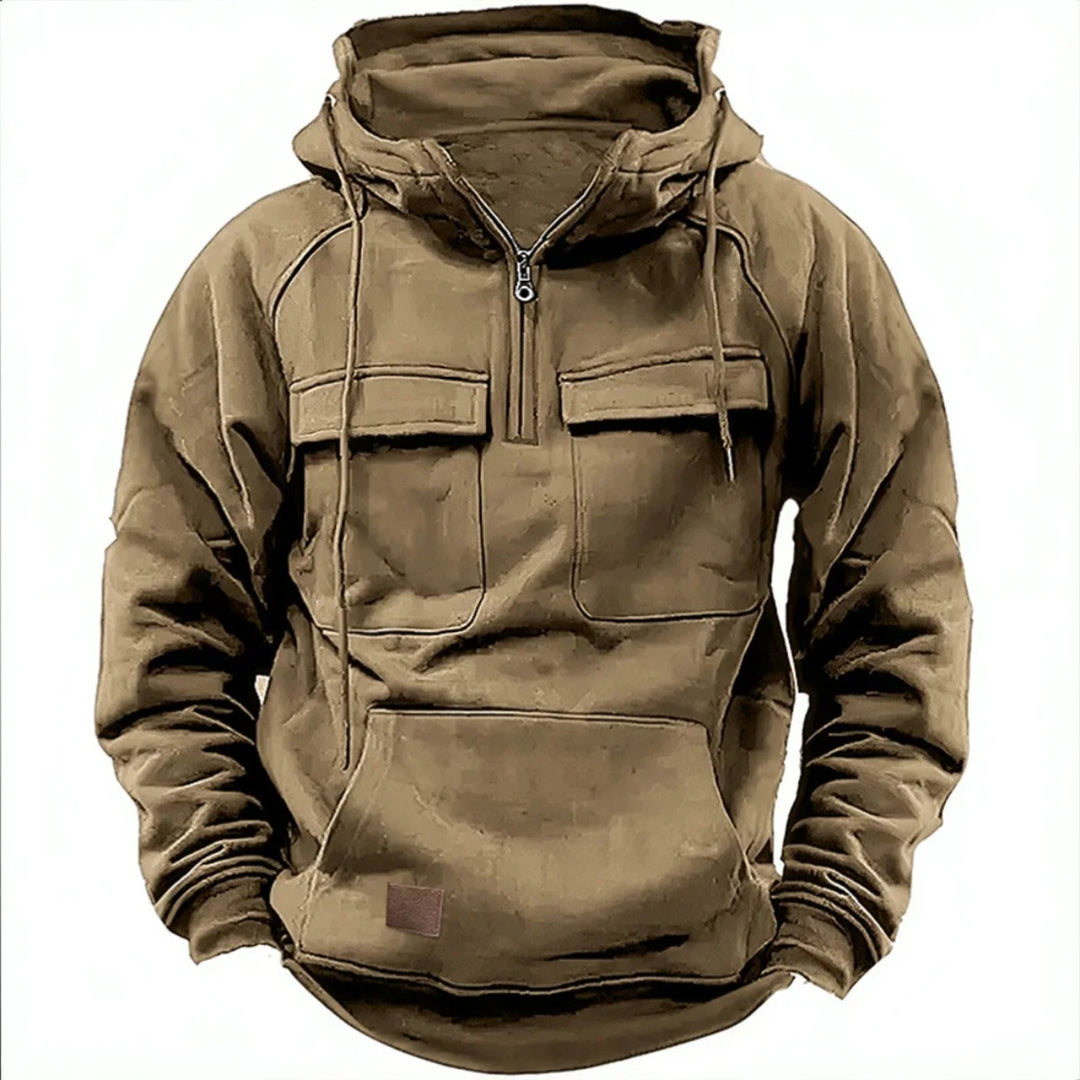 Khaki quarter zip hoodie with funnel neck hood, front view
