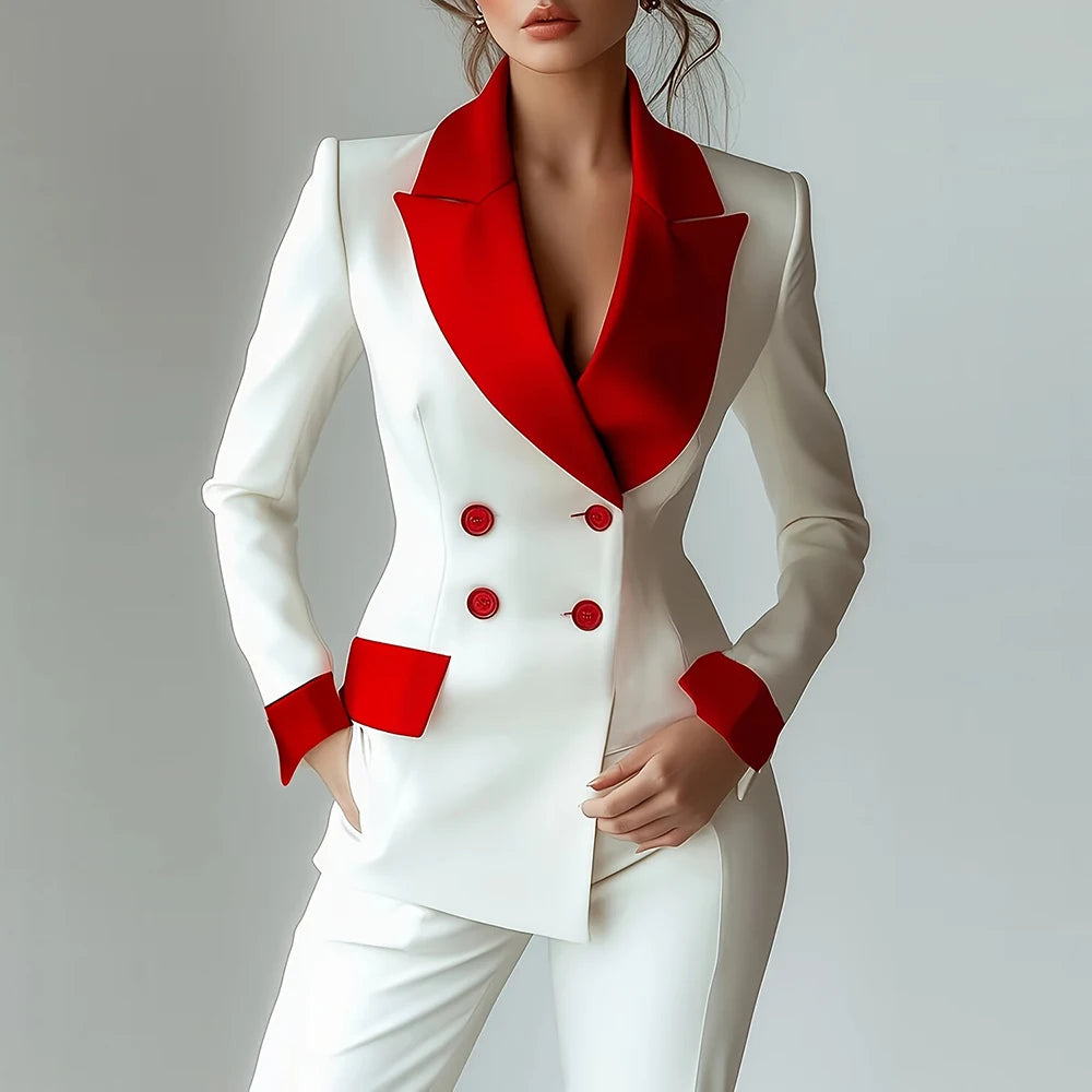 Woman wearing white blazer with red contrast lapel and cuffs