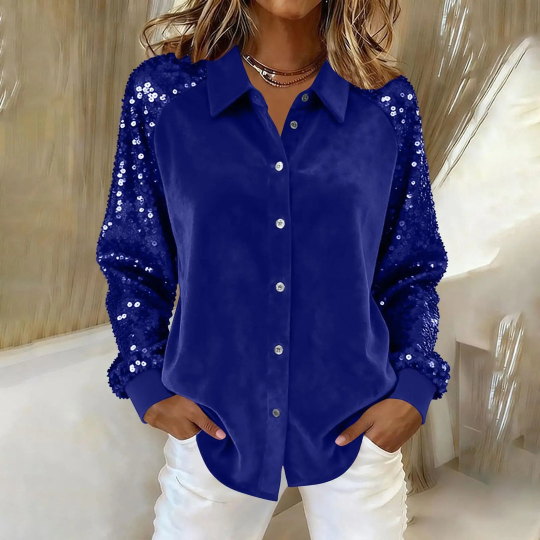 Blue velvet blouse with sequined sleeves, front view