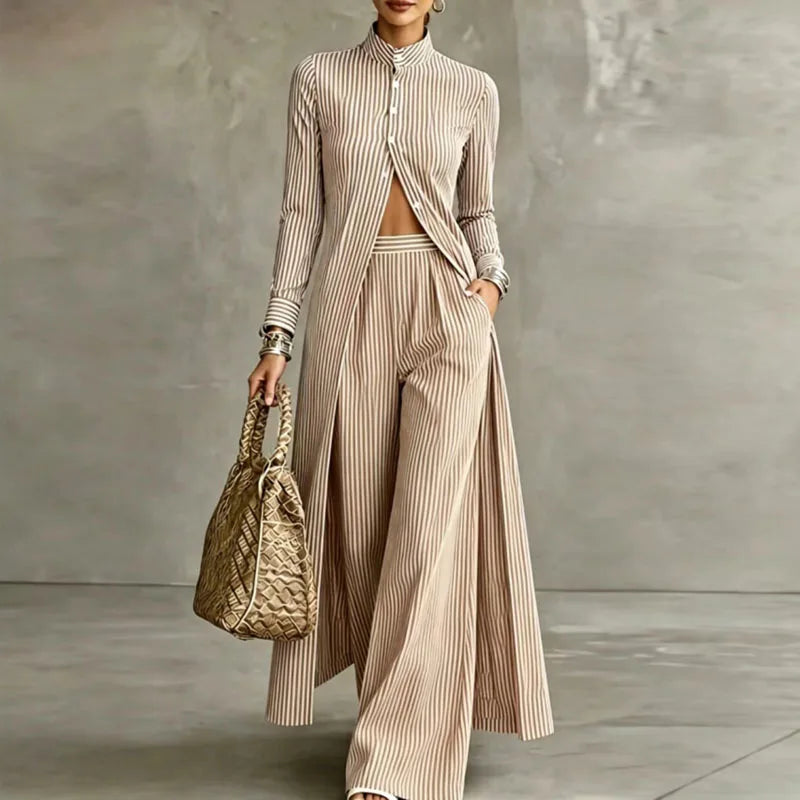 Woman wearing brown striped two piece set with wide leg pants