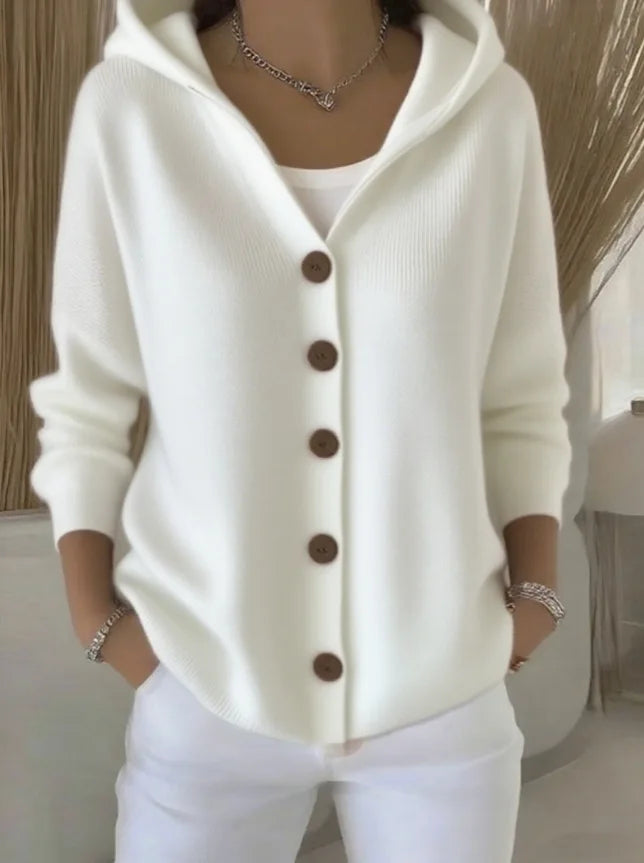 White hooded button front knit cardigan, front view