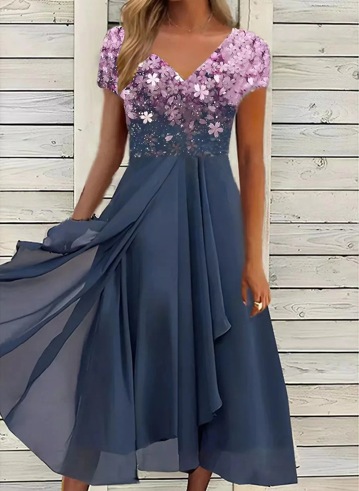 Cecilia Lace Patchwork Short Sleeve Chiffon Midi Dress