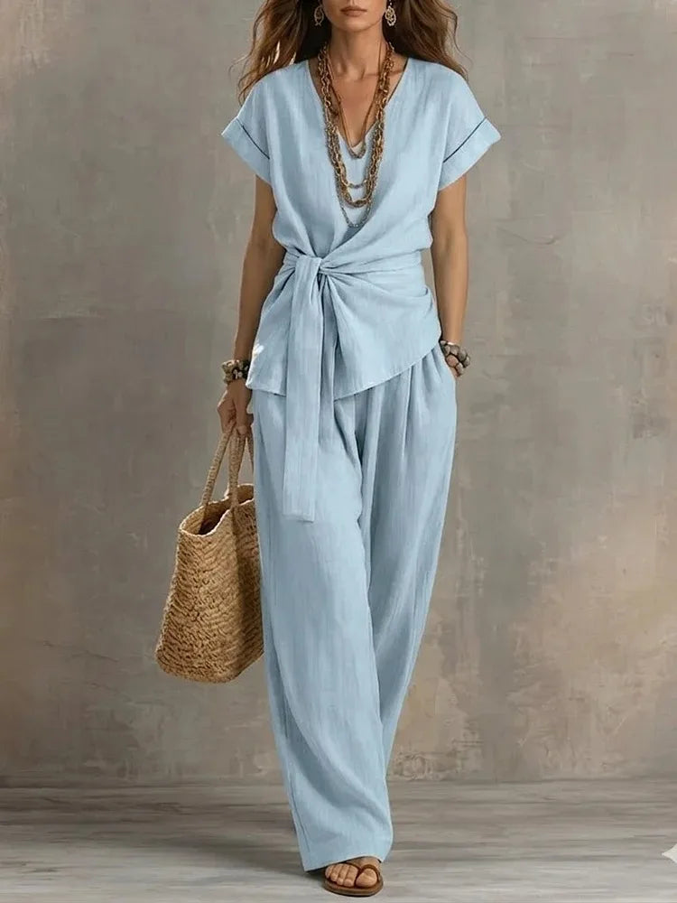 Ainsley Relaxed Tie Waist V Neck Lounge Set