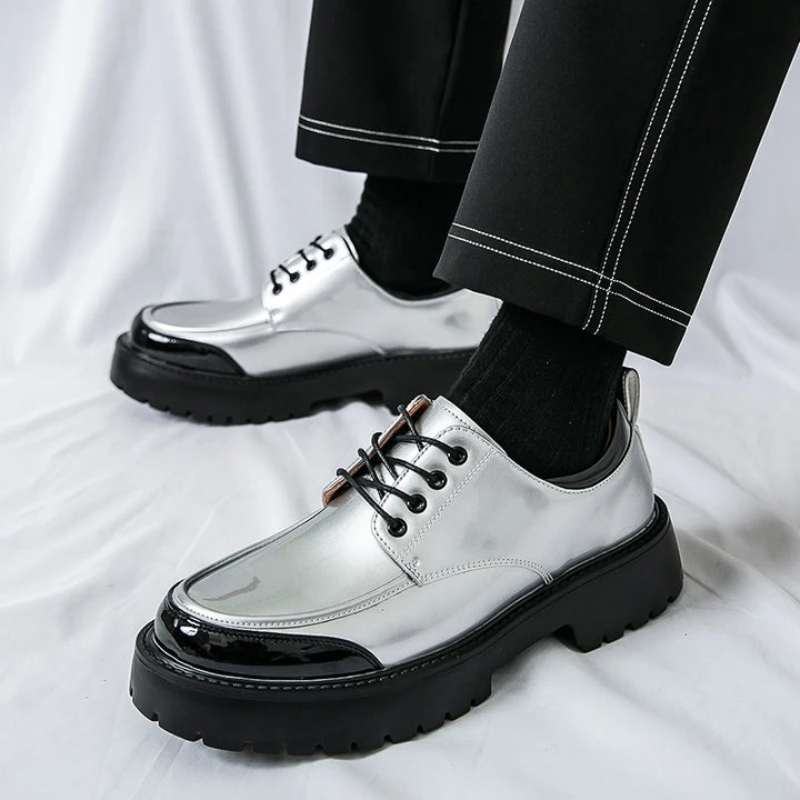 Silver metallic Oxford shoes side view with black sole