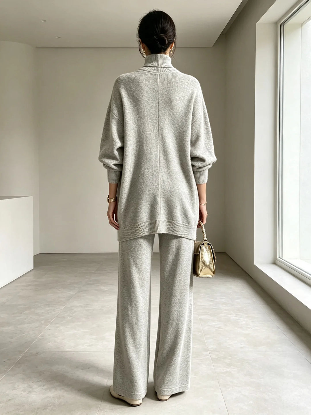 Light grey sweater and wide leg pants set, back view