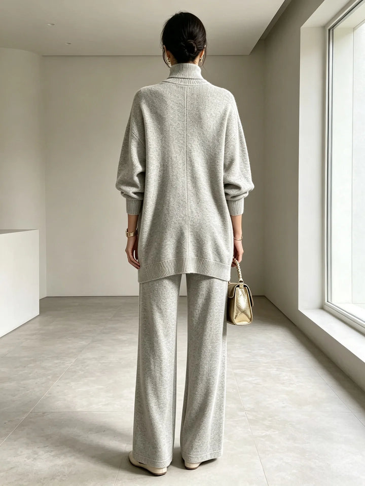 Light grey sweater and wide leg pants set, back view