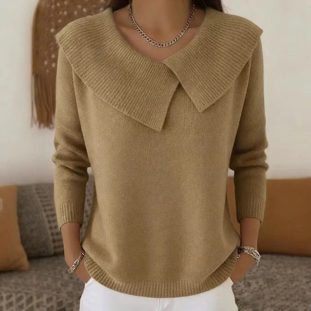 Camel sweater with oversized draped collar, front view