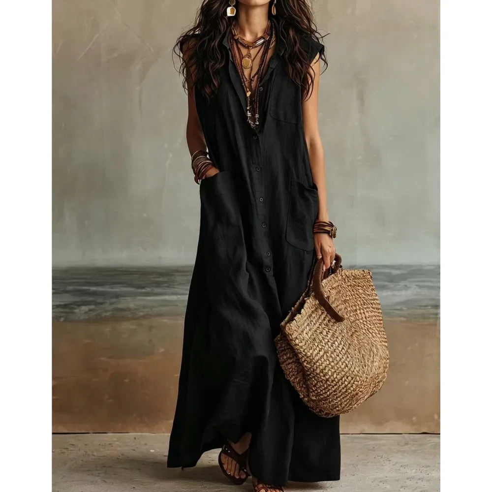 Reese Bohemian V Neck Casual Linen Maxi Dress
