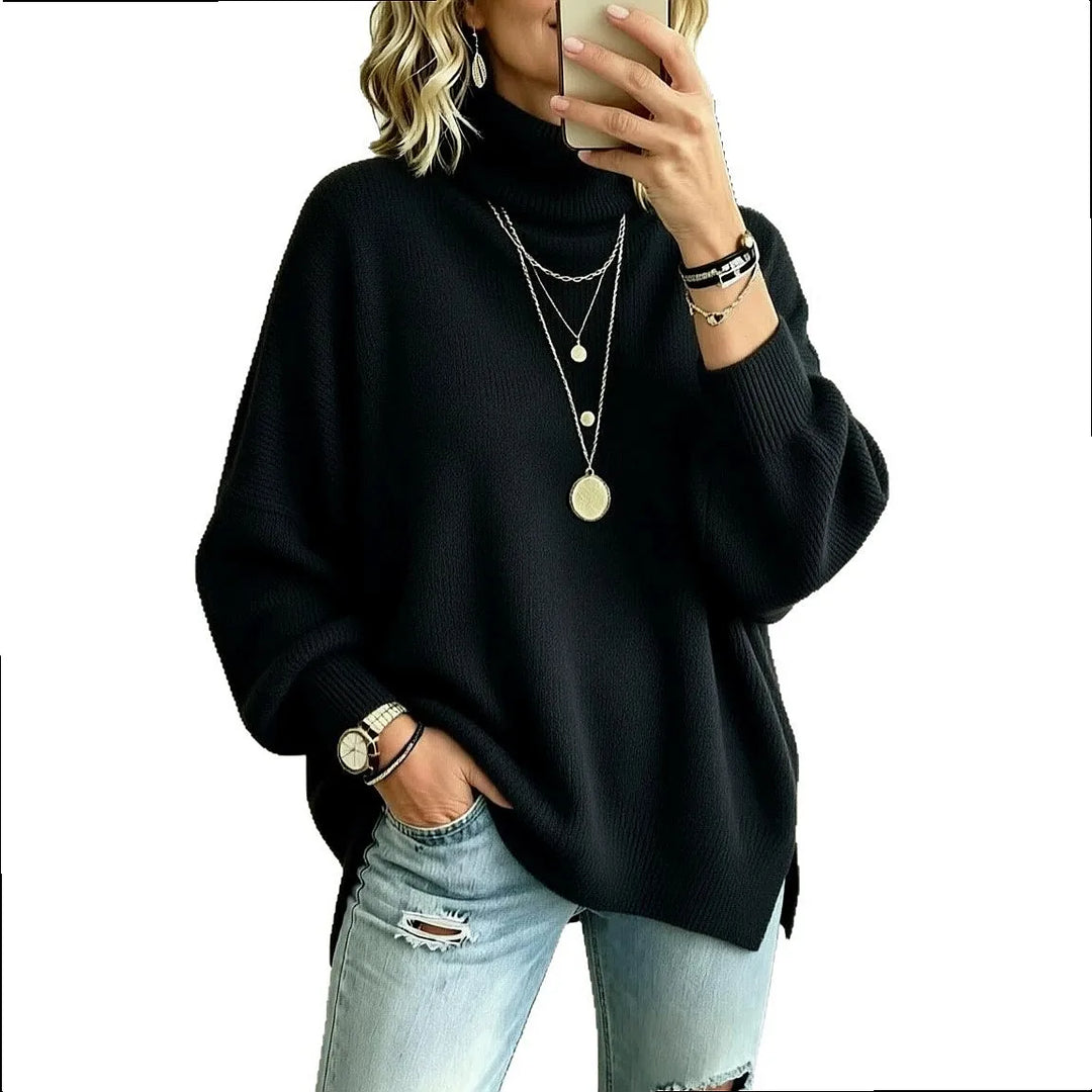 Woman wearing black oversized turtleneck sweater