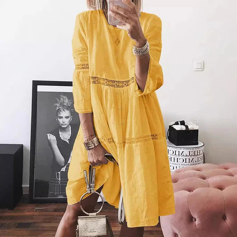 Rosalie Long Sleeve Lace Trim Midi Dress