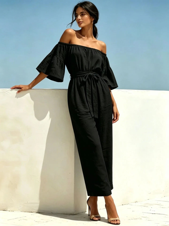 Monroe Off Shoulder Front Tie Waist Jumpsuit