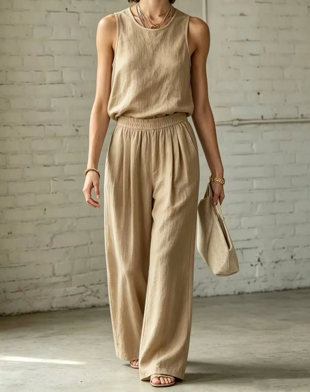 Jade Cotton Linen Camisole Wide Leg Set