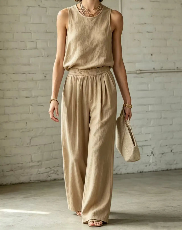 Jade Cotton Linen Camisole Wide Leg Set