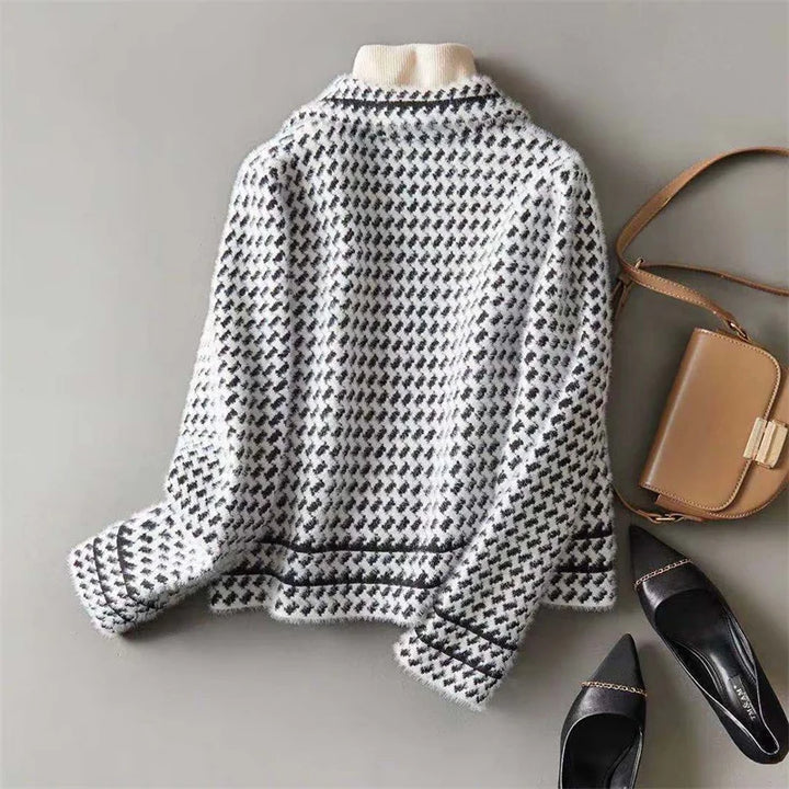White houndstooth knit jacket, back view