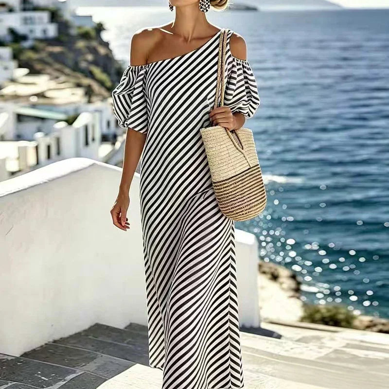 Freya Bohemian Striped One Shoulder Maxi Dress
