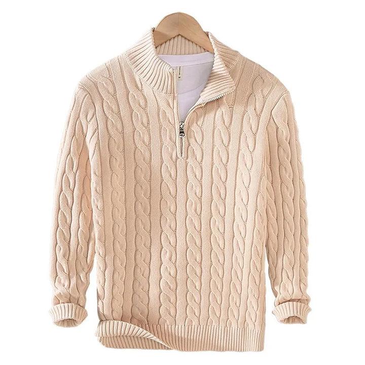 Khaki cable knit quarter zip sweater front view on hanger