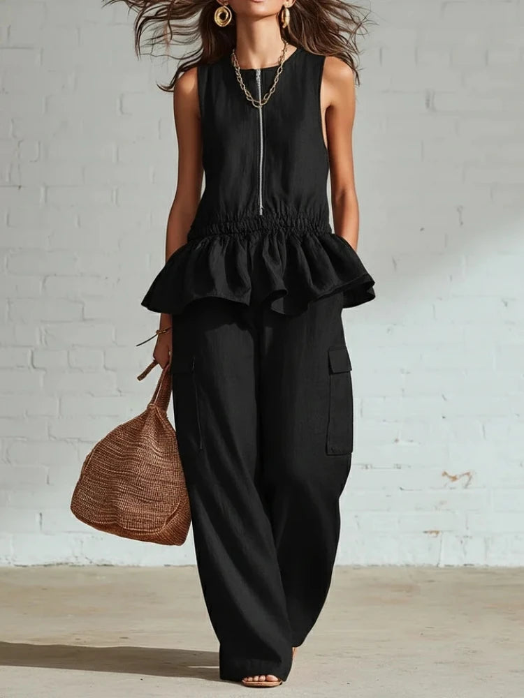 Victoria Sleeveless Ruffle Trim Two-Piece Set