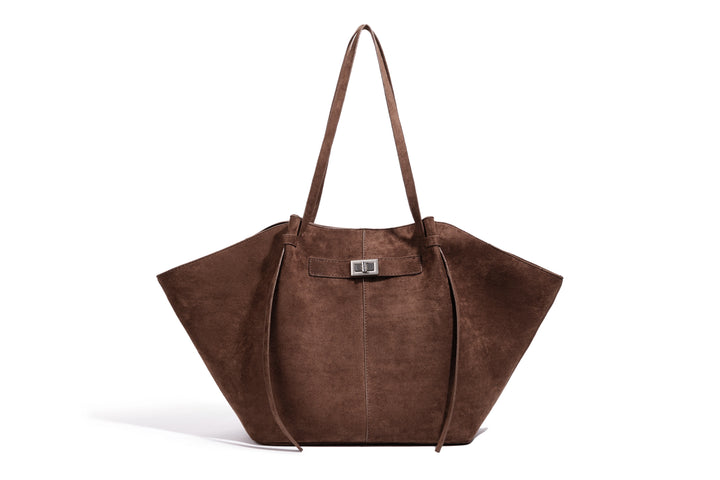 Brown suede winged tote bag front view