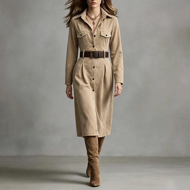 Woman wearing apricot faux suede belted shirt dress with knee-high boots