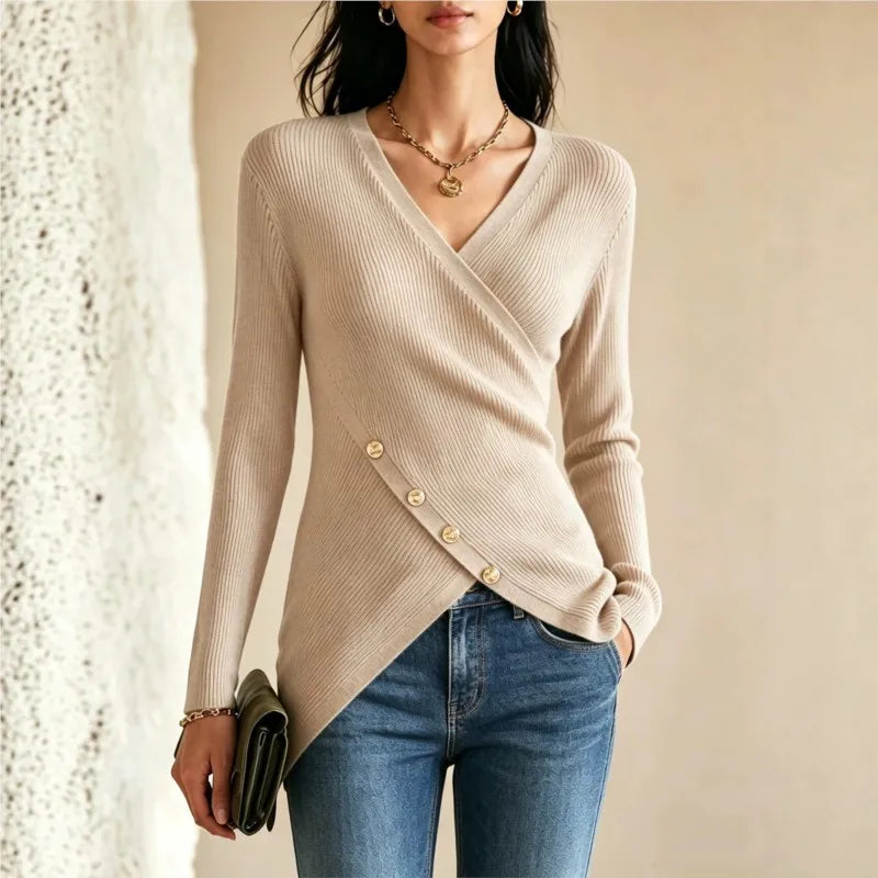 Woman wearing khaki wrap-front ribbed knit top with gold buttons