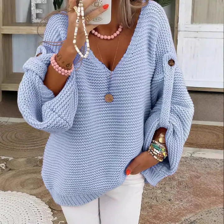 Sky blue chunky knit V-neck sweater with lantern sleeves
